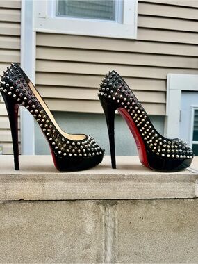 Christian Louboutin Black Studded Patent Leather Platform Pumps with Red Soles